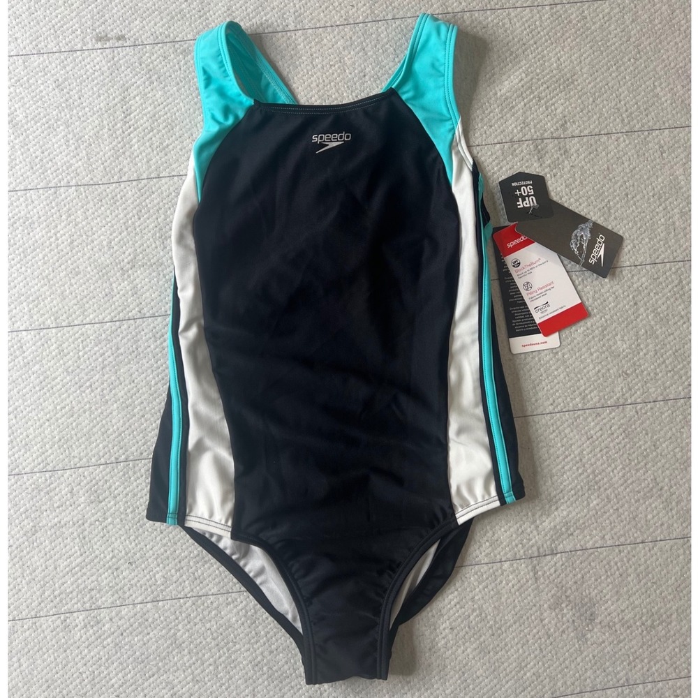 Speedo Girls One Piece Swimsuit Size 14 Black Turquoise UPF 50+ 7714076